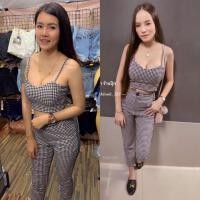 ราคา TW10502 Set เสื้อครอปสายเดี่วลายสก็อต กางเกงขายาวลายสก็อตทรงเดฟ (8836941158)