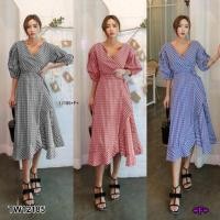 ราคา TW12185 เดรสคอวีไขว้แขนตุ๊กตาลายสก็อต สายผูกเอว (7839070722)
