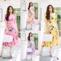 ราคา TW12833 เดรส สาวอวบ คอวีแต่งระบาย ลายดอกกุหลาบ (4741017740)