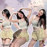 ราคา TW22675 Set 2 ชิ้น เสื้อครอป คอยู กางเกงฝักทองลายจุด (41424981787)