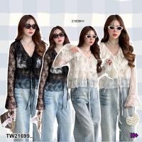 ราคา TW21699 เสื้อแขนยาว ระบายทั้งคอ แขน อกผูกโบว์ (41004292921)