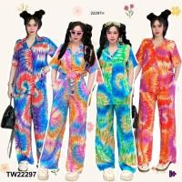 ราคา TW22297 Set 2 ชิ้น ลายมัดย้อม เสื้อปกฮาวาย แขนสั้น กางเกงขายาว (28973604489)