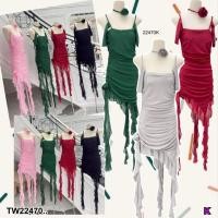 ราคา TW22470 เดรสผ้ามุ้งยืดนิ่มสายเดี่ยวปาดไหล่ ชายระบาย (27786652527)