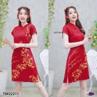 ราคา TW22271 เดรสกี่เพ้าลายใบไม้ทอง (26072892252)