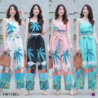 ราคา TW17863 Set 2 ชิ้น เสื้อครอปสายเดี่ยวลายมะพร้าว กางเกงลายมะพร้าว (22634719619)