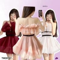 ราคา TW20167 เดรสสั้นเกาะอกผ้ามุ้งฟรุ้งๆ (22062476692)