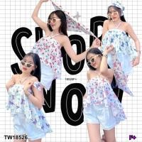 ราคา TW18526 เสื้อกึ่งเดรสสายผูกคล้องคอทรงหางปลา ผ้าโพกผม (20776044734)
