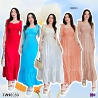 ราคา TW18083 เดรสยาว สายผูกไหล่ ชายระบาย สีพื้น (20457611424)