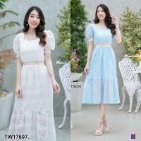 ราคา TW17607 เดรสยาวมินิมอล ผ้าลูกไม้ คอเหลียมแขนพอง (18120702511)