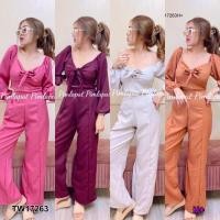 ราคา TW17263 set 2 ชิ้น เสื้อผูกโบว์อก แขนพอง กางเกงขายาว (14449022952)