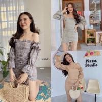 ราคา TW15212 เดรสลายสก๊อตปาดไหล่แขนยาวกระโปรงรูด (11845964340)