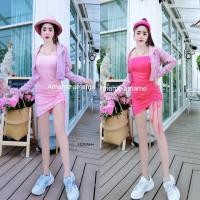 ราคา TW15255 set เสื้อคลุมลายสก็อตทรงครอป เดรสเกาะอกรูดกระโปรง (11473375116)