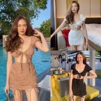 ราคา TW15063 Set เสื้อผูกโบว์อก รูดปรับเอง กระโปรงสั้นรูดเชือก (6870496839)