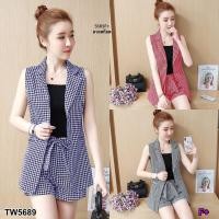 ราคา TW5689 Set สูทแขนกุด กางเกงขาสั้นลายสก้อต (6834170820)