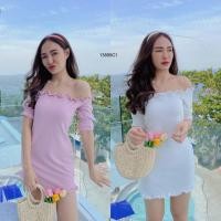 ราคา TW13895 เดรสปาดไหล่ชายระบาย (6760493182)