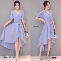 ราคา Dress เดรสลายริ้วหน้าสั้นหลังยาว สายผูกเอว TW12615 (6236880299)