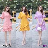 ราคา TW13489 เดรสสั้น คอวี แขนระบาย จับจีบทวิทใต้อก ชายแต่งระบาย (6158281849)