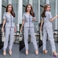 ราคา TW14064 Set เสื้อคอวีแต่งกระดุมปั๊ม กางเกงขายาว (5265324981)