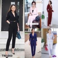 ราคา TW1660 จั้มสูทขายาว คอปกเชิ้ต ดูลุคเรียบหรู เนย (5237314775)