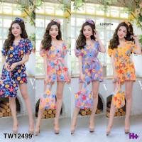 ราคา TW12499 จั๊มสูทขาสั้น ป้ายอก มีเชือกผูกเอว โดนัทมัดผม กระเป๋าลายดอก (5037814817)