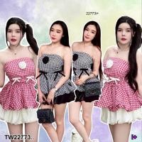 ราคา TW22773 set 2 ชิ้น เสื้อเกาะอกบอลลูนลายสก็อต กางเกงบอลลูน (57801242163)