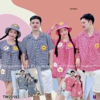 ราคา TW20182 ชุดคู่กับแฟน เสื้อแขนสั้นลายสก็อตปักลาย มินิเดรส คู่กับหมวกบัคเก้ต (25753564156)