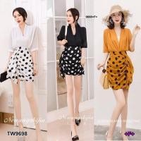 ราคา TW9698 Set 2 ชิ้น เสื้อแขนศอกคอวีไขว้ กระโปรงจุดหางปลา (6753032904)