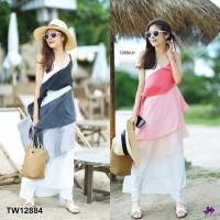 ราคา TW12884 เดรสยาวสายเดี่ยวเย็บต่อผ้าชั้น ๆ (4647563318)