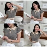 ราคา พร้อมส่ง เสื้อครอปไหมพรมคอปกสี ทูโทน (23578088781)