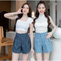 ราคา กางเกงขาสั้นทรงคาร์โก้ เอวสูงผ้ายีนส์ลายริ้ว ผ้าหน่า (29068982378)