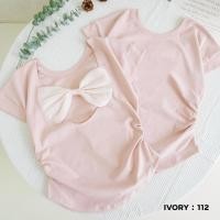 ราคา VV890 IVORYเสื้อยืดผ้ายูนิโคล่ เว้าหลังติดโบว์ แขนสั้นหยุมข้าง (44320325396)