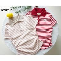 ราคา VV214 IVORY เสื้อยืดผ้ายูนิโคล่ คอปกกระดุม ลายริ้ว แต่งปักโบว์ข้าง แขนสั้นหยุมข้าง (52701169200)