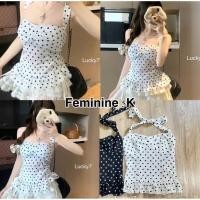 ราคา เสื้อคล้องคอ ผูกโบว์หลังลายจุดแต่งปลายระบาย น่ารักมาก ผ้าพริ้ว ใส่สบาย ทรงสวยสุดๆ (41270420063)