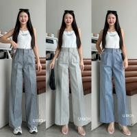 ราคา กางเกงทรงขากระบอกตรง เนื้อผ้ายีนส์ลายริ้ว ดีเทลตะขอหน้า จับจีบ ทรงสวย (28210488687)