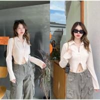 ราคา เสื้อครอปแขนยาว คอปก น่ารัก กระดุม (24956965473)