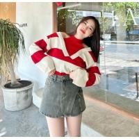 ราคา พร้อมส่ง เสื้อแขนยาวผ้าไหมพรม เปิดไหล่ ลายทาง (24452409785)
