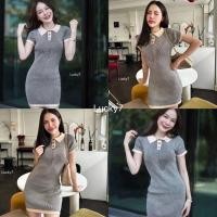 ราคา เดรสไหมพรม คอปกแต่งกระดุม ทอร่องผ้ายืดได้เยอะ LK7 (27280808567)