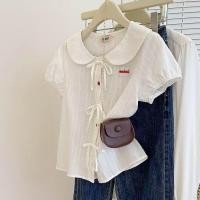 ราคา สไตล์เกาหลีสุภาพสตรียาวยากว่าตุ๊กตาปกพัฟเสื้อแขนสั้นสีขาว (25895641752)