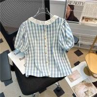 ราคา สไตล์เกาหลีผู้หญิงสุภาพสตรีหลวมลายสก๊อตพัฟเสื้อแขนสั้นเสื้อ (25642970408)