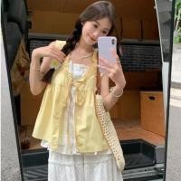 ราคา สไตล์เกาหลีผู้หญิงสุภาพสตรีหลวมนัวเนียถุงลูกไม้เสื้อแขนกุดเสื้อปลอมสองชิ้น (42450890455)