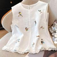 ราคา สไตล์เกาหลีผู้หญิงสุภาพสตรีผ้าฝ้ายผ้าลินินหลวมเย็บปักถักร้อยนัวเนียเสื้อแขนกุดเสื้อ (43911062804)