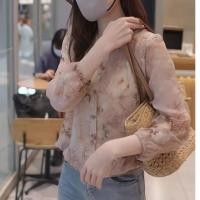 ราคา สไตล์เกาหลีผู้หญิงสุภาพสตรีหลวมชีฟองดอกไม้เสื้อแขนยาวเสื้อ (26168322855)