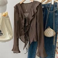 ราคา สไตล์เกาหลีผู้หญิงสุภาพสตรีหลวมชีฟองนัวเนียลูกไม้ขึ้นเสื้อแขนยาวเสื้อ (29668502414)