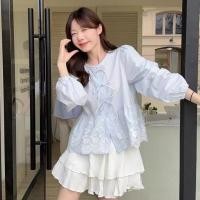 ราคา เกาหลีผู้หญิงแฟชั่นย้อนยุคหลวมแขนยาวลูกไม้เสื้อคอกลมสีฟ้าท็อปส์ (25094867458)