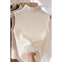 ราคา ใหม่ พร้อมส่ง เสื้อเบลาส์แขนกุด คอสูง ผ้าถัก สไตล์เกาหลี สําหรับผู้หญิง (25325779194)