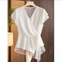 ราคา สไตล์เกาหลีผู้หญิงสุภาพสตรีเอวบางชีฟองนัวเนียคอ โวลต์ เสื้อแขนสั้นเสื้อ (27136888995)