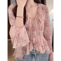 ราคา สไตล์เกาหลีผู้หญิงสุภาพสตรีหลวมชีฟองดอกไม้ โวลต์ คอเสื้อแขนยาวเสื้อ (26981596217)