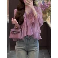 ราคา สไตล์เกาหลีผู้หญิงสุภาพสตรีหลวมคอวีชีฟองนัวเนียเสื้อแขนยาวเสื้อ (29683412865)