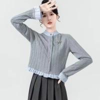 ราคา เกาหลีผู้หญิงแฟชั่นย้อนยุคหลวมแขนยาวถักยืนปกเสื้อสีฟ้า (42451576334)