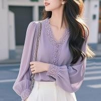 ราคา สไตล์เกาหลีผู้หญิงสุภาพสตรีหลวม โวลต์ คอชีฟองลูกไม้โคมไฟเสื้อแขนยาวเสื้อ (26736955285)